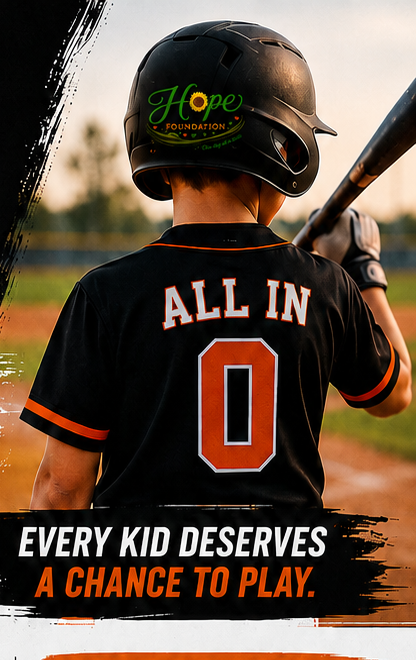 Young ballplayer wearing an ALL IN jersey and Hope Sports Foundation batting helmet, at the plate.